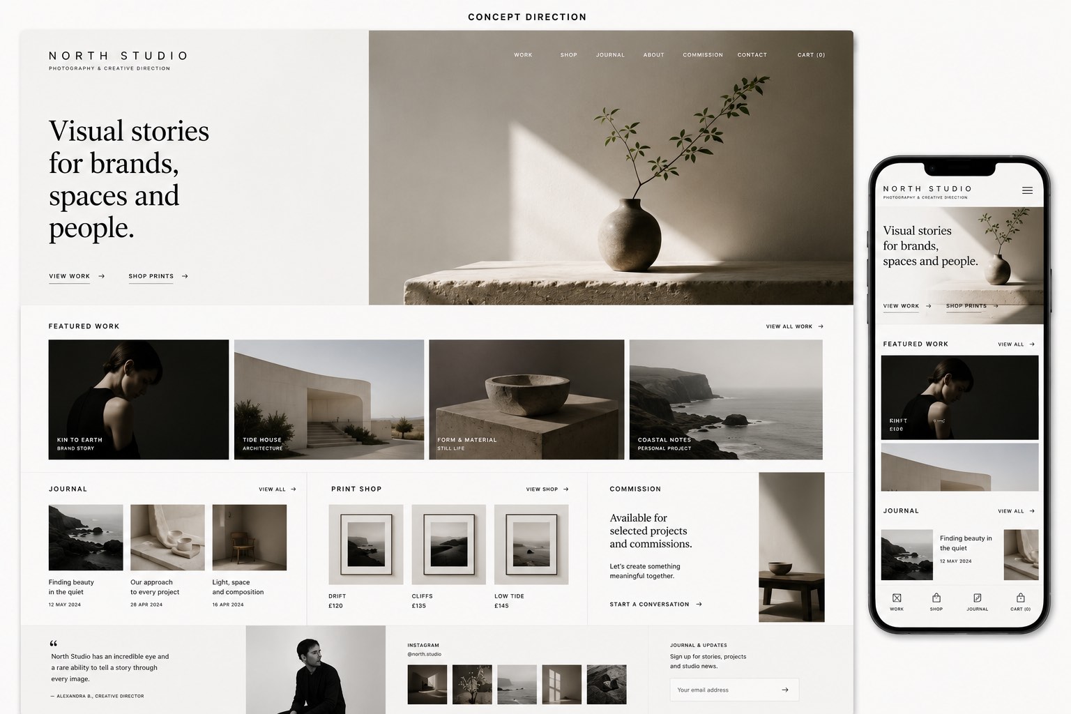 Creative business website concept showing portfolio galleries, online shop, journal content, commission enquiries and mobile layout