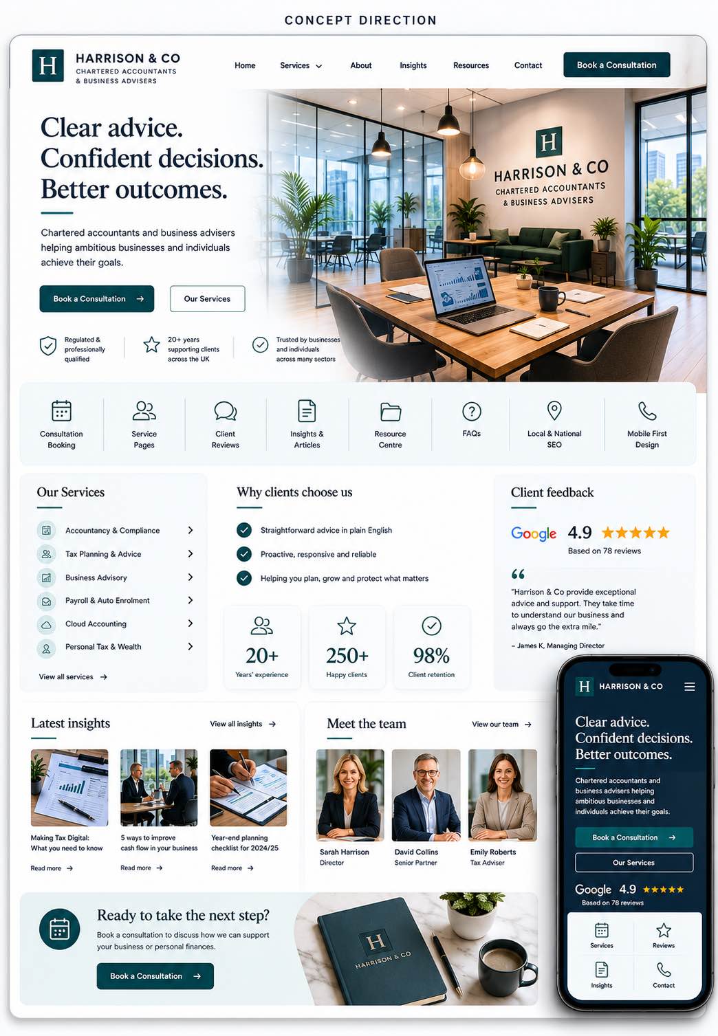 Professional services website concept showing consultation booking, service pages, reviews, insights, team profiles and credentials
