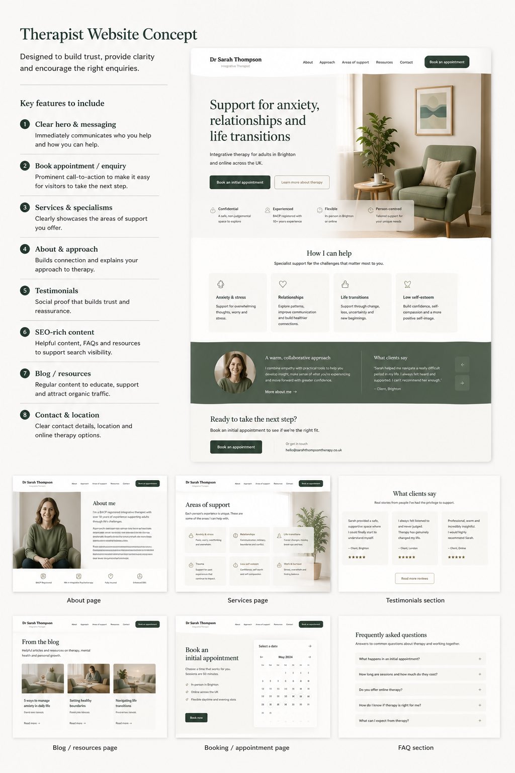 Therapist website concept showing booking, testimonials, service pages, resources and FAQs